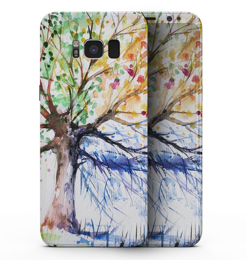 Samsung Galaxy S8 with WaterColor Vivid Tree full-body skin, showcasing vibrant colors and artistic design.